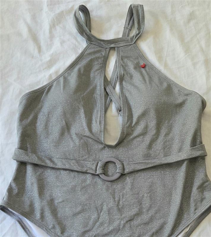 NWT Amor at 7 12 Shiny Deep V Cut Out 1PC Swimsuit Silver 129420