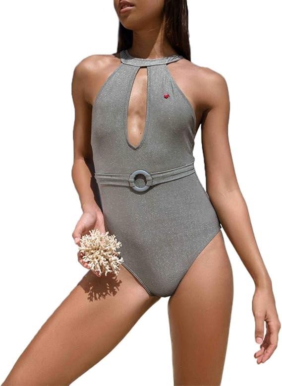 NWT Amor at 7 12 Shiny Deep V Cut Out 1PC Swimsuit Silver 129420