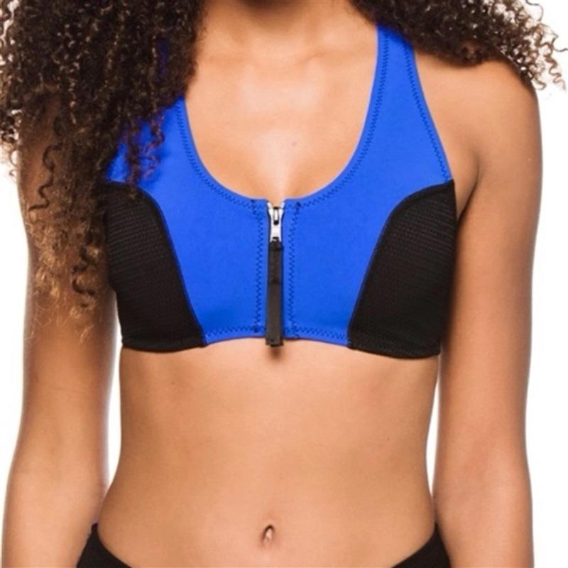 NWOT Robin Piccone L Racerback Mesh Front Zip Bikini Top Blue 129504