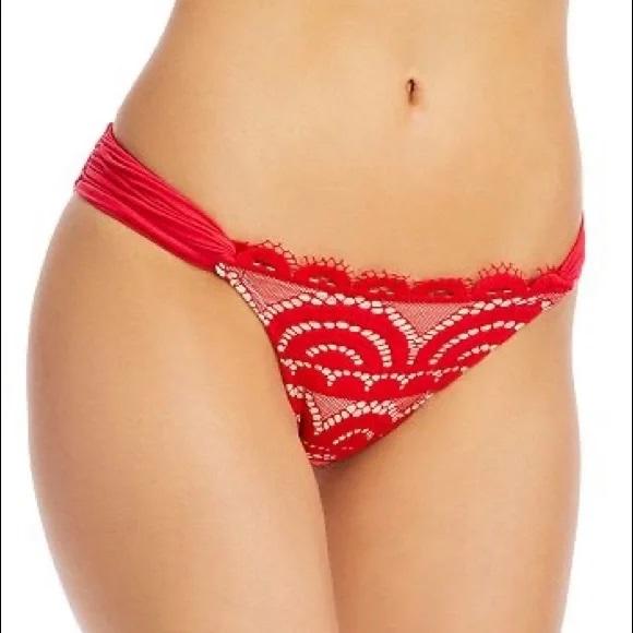 NWOT Pilyq Red Lust Lace S Solid Shirred Cheeky Bikini Swim Bottom 129511