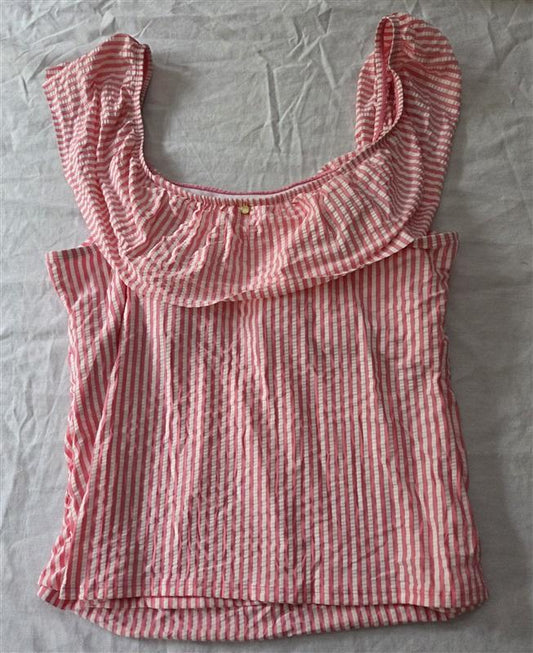 NWT Crown & Ivy XXL Searsucker Pink Stripe Off Shoulder Ruffle Tankini 129521