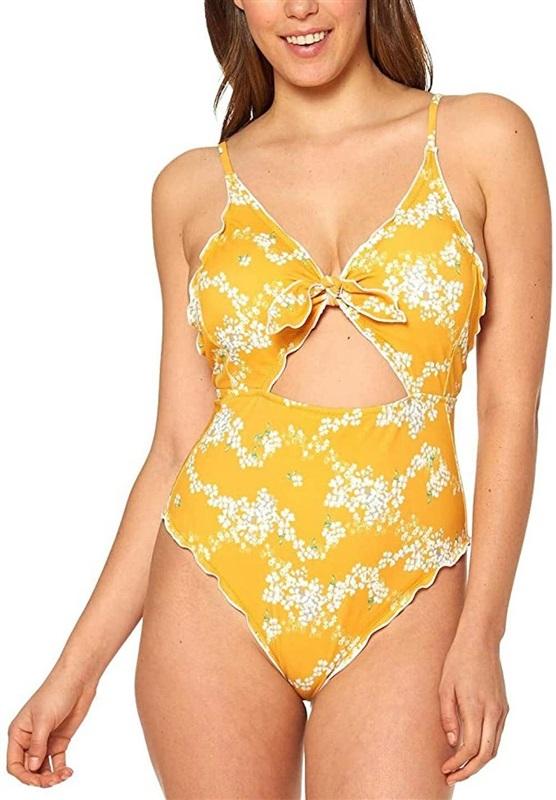 NWT Jessica Simpson XL Ruffled Edge Floral 1PC Swimsuit Yellow Floral 129522