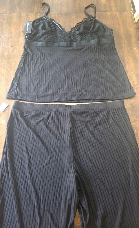 NWT INC X Large Lace Ribbed Pajama Set Tank Top & Pants Black 129549