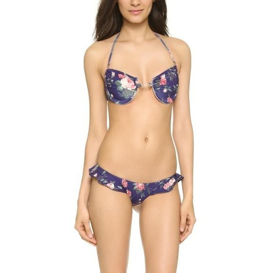 NWT WILDFOX Gypsy Purple Floral Bikini Set M Top Ruffle S Bottom 129552