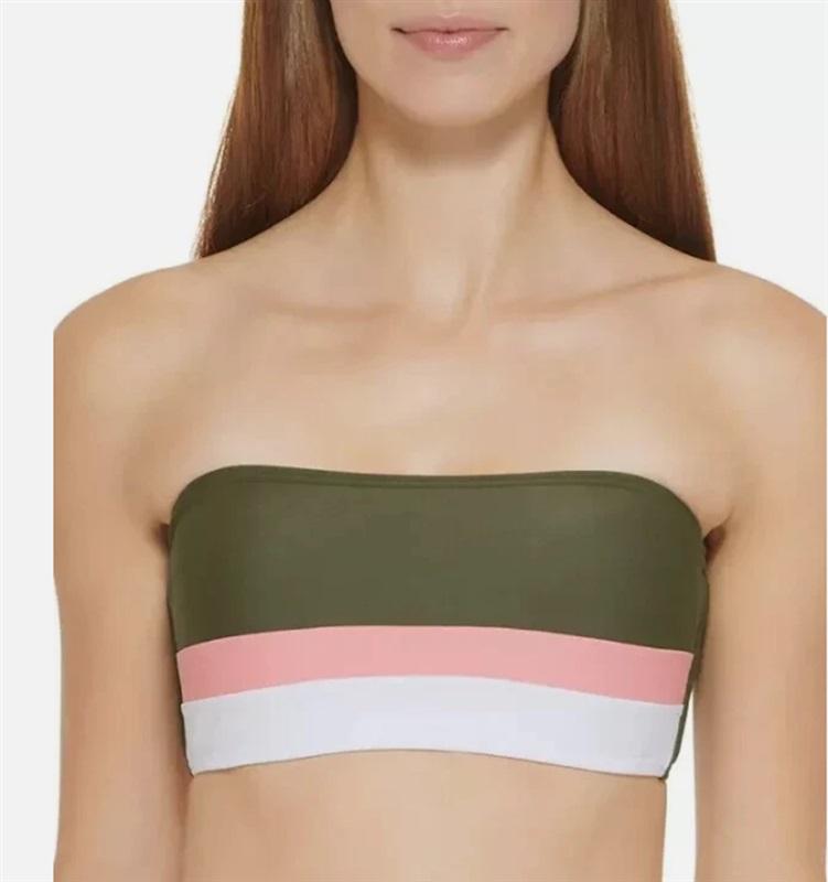 NWT DKNY L Color Block Bikini Swim Top Green Pink White 129614