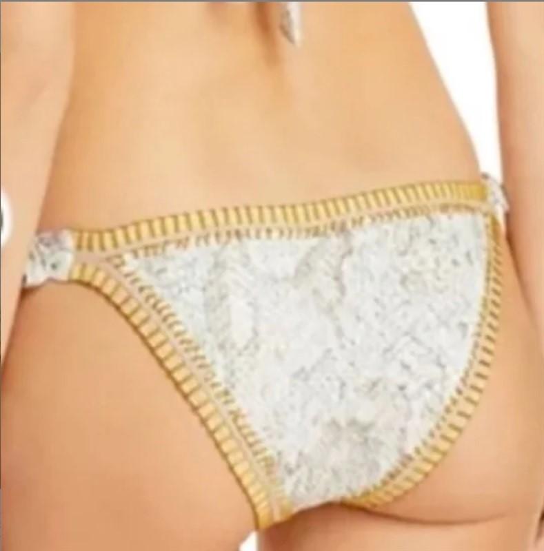 NWT Pilyq Platinum L Black Gold Crochet Trim Side-Tie Bikini Bottom Swim 129618