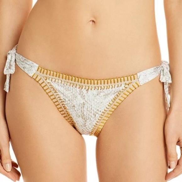 NWT Pilyq Platinum L Black Gold Crochet Trim Side-Tie Bikini Bottom Swim 129618