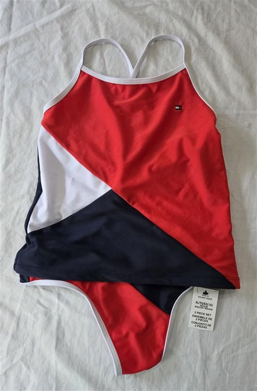 NWT Tommy Hilfiger 8/10 Girls 2pc Tankini Swimsuit Red Blue 129620
