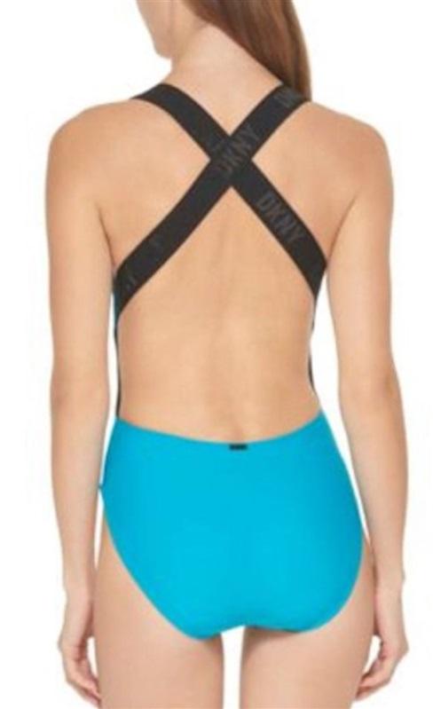 NWT DKNY M Blue Black Logo Cross-Back 1PC Swimsuit 129623