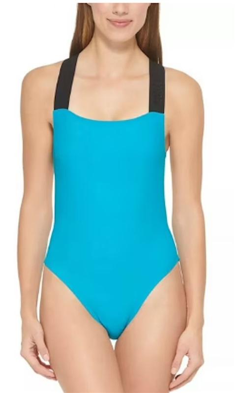 NWT DKNY M Blue Black Logo Cross-Back 1PC Swimsuit 129623