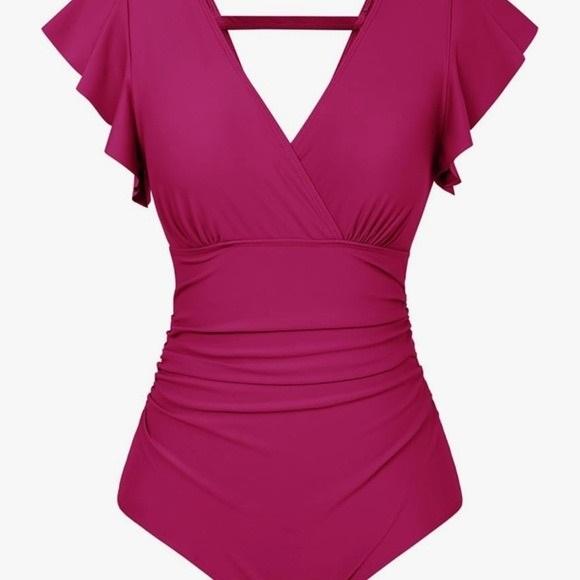 NWOT GRACE KARIN S Tummy Control V Neck Wrap Ruffle 1PC Pink Swimsuit 129630