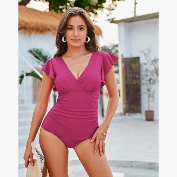 NWOT GRACE KARIN S Tummy Control V Neck Wrap Ruffle 1PC Pink Swimsuit 129630