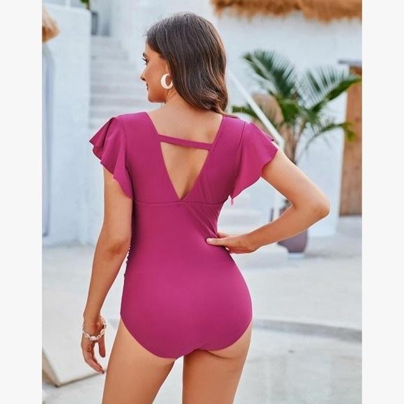 NWOT GRACE KARIN S Tummy Control V Neck Wrap Ruffle 1PC Pink Swimsuit 129630