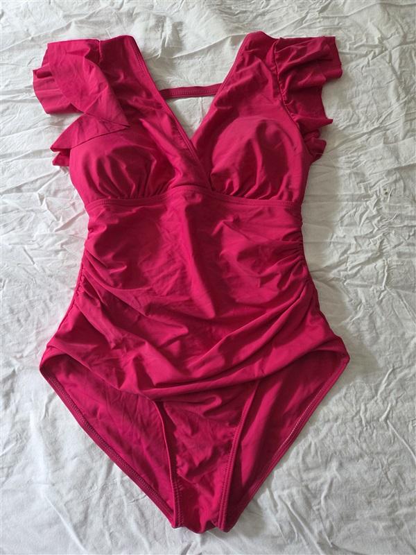NWOT GRACE KARIN S Tummy Control V Neck Wrap Ruffle 1PC Pink Swimsuit 129630