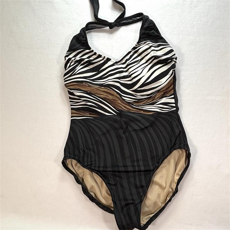 NWOT Carol Wior 10 Underwire Brown & Black 1pc Deep V Swimsuit 129635