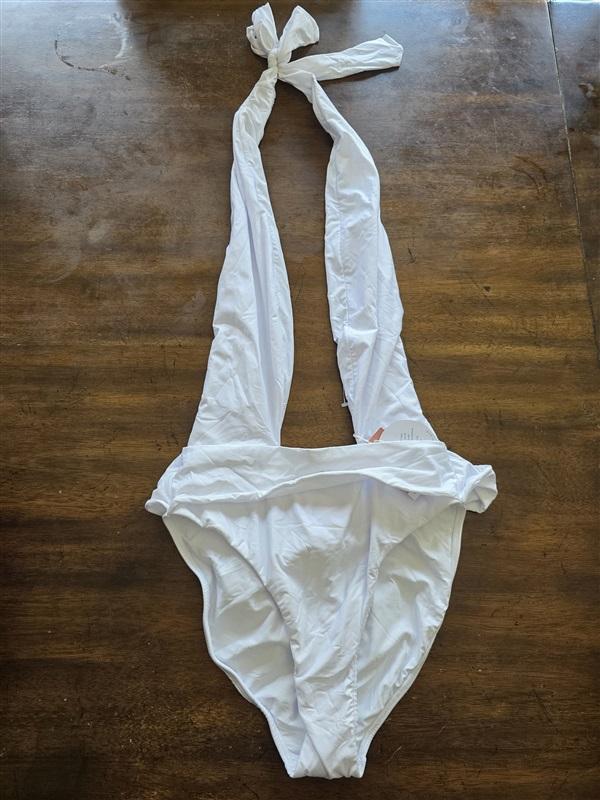 NWT PilyQ Large Alex White Deep V Wrap Print 1PC Swimsuit 129651