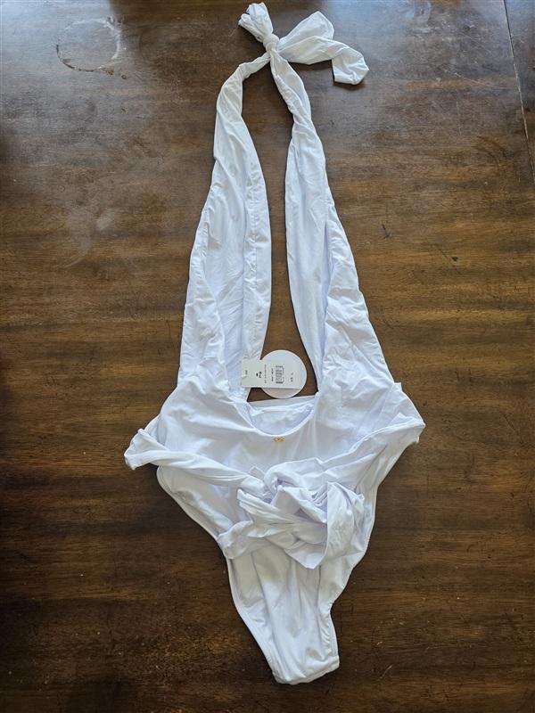 NWT PilyQ Large Alex White Deep V Wrap Print 1PC Swimsuit 129651