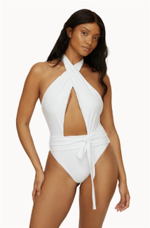NWT PilyQ Large Alex White Deep V Wrap Print 1PC Swimsuit 129651