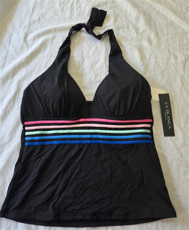 NWT La Blanca 10 Spectrum Stripe Tankini Swim Top Black 129670