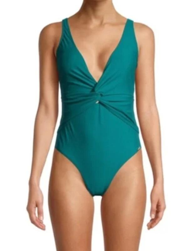 NWT Nicole Miller S Twist Front Deep V Swimsuit 1Pc Black 129702