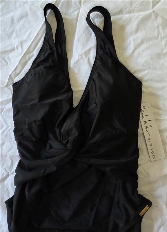 NWT Nicole Miller S Twist Front Deep V Swimsuit 1Pc Black 129702