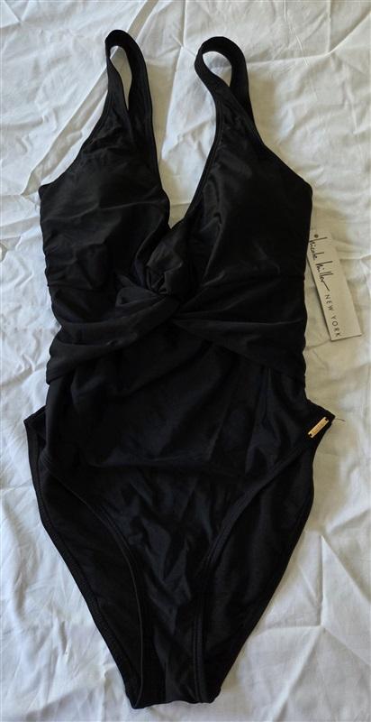 NWT Nicole Miller S Twist Front Deep V Swimsuit 1Pc Black 129702