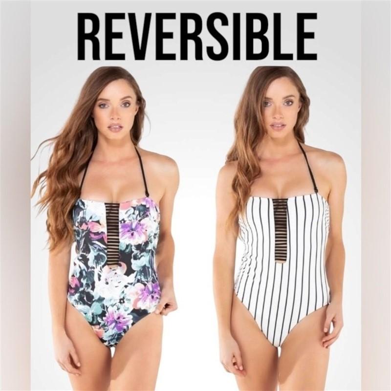 NWT Wet LA XS Brie Reversible Floral Stripe Bandeau 1pc Swimsuit 129705