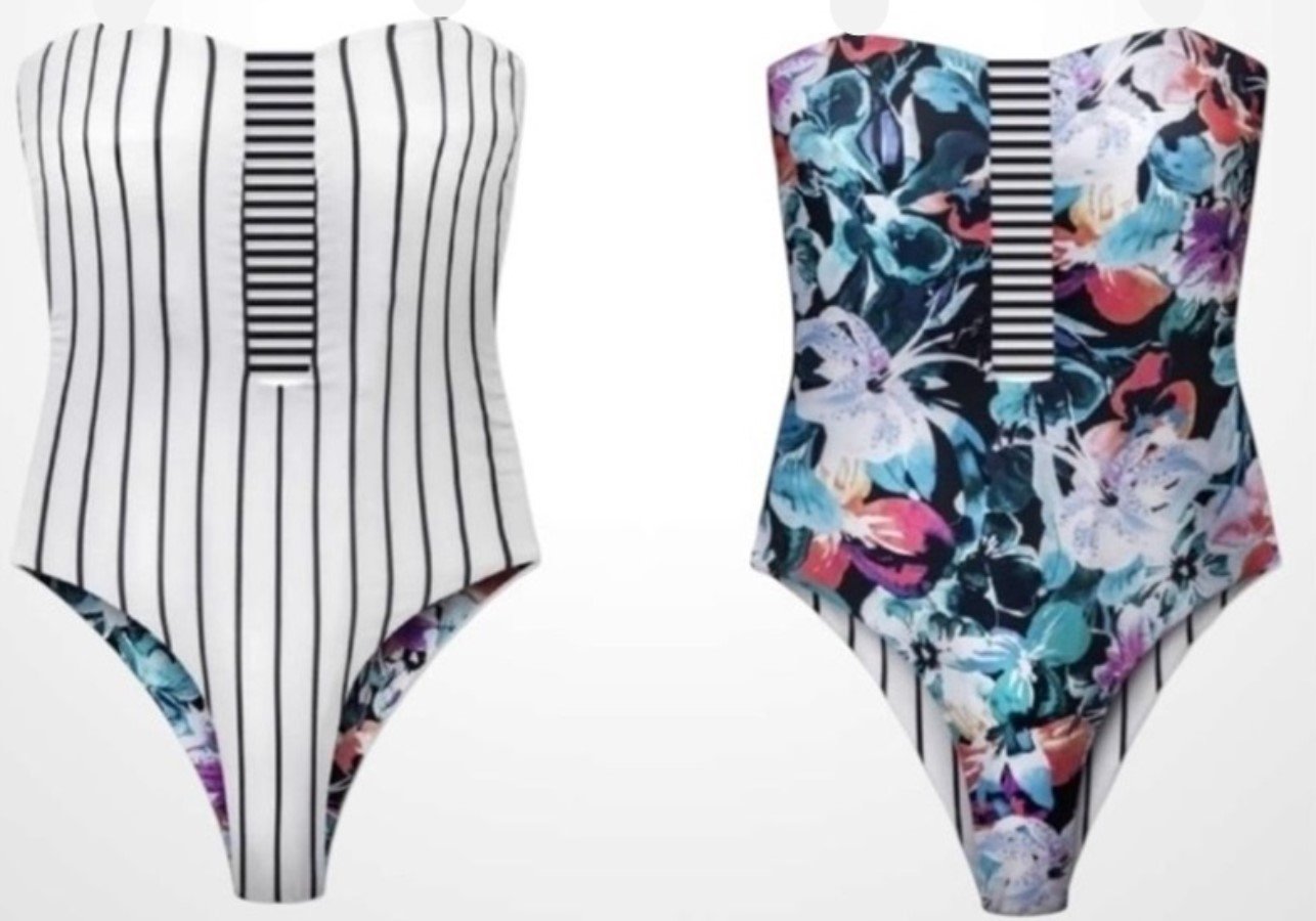 NWT Wet LA XS Brie Reversible Floral Stripe Bandeau 1pc Swimsuit 129705