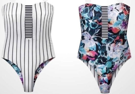 NWT Wet LA XS Brie Reversible Floral Stripe Bandeau 1pc Swimsuit 129705