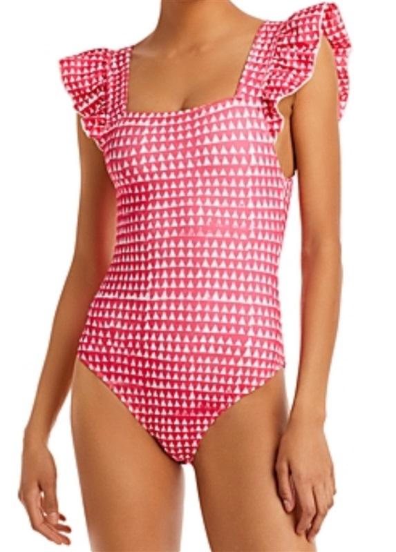 NWT Aqua X Studio 189 XL Triangle Print Ruffle 1PC Swimsuit Pink White 129707