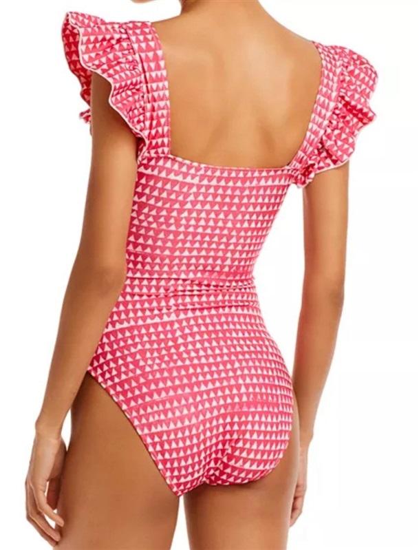 NWT Aqua X Studio 189 XL Triangle Print Ruffle 1PC Swimsuit Pink White 129707