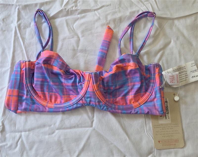 NWT Maria Bonita Phax M Long Line Reversible Plaid Floral Bikini Swim Top 129715