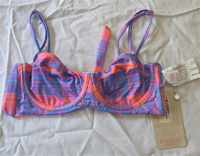 NWT Maria Bonita Phax M Long Line Reversible Plaid Floral Bikini Swim Top 129715