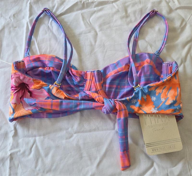 NWT Maria Bonita Phax M Long Line Reversible Plaid Floral Bikini Swim Top 129715