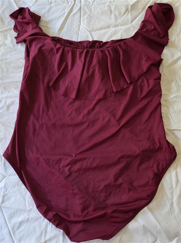 NWT Mynah 22W Off Shoulder Ruffle Ruched 1PC Swimsuit Wine 129721