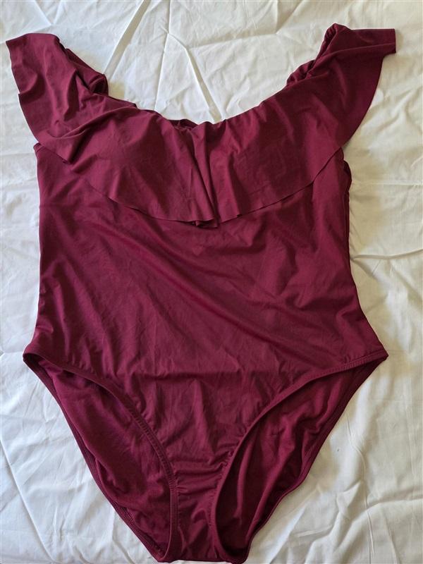 NWT Mynah 22W Off Shoulder Ruffle Ruched 1PC Swimsuit Wine 129721