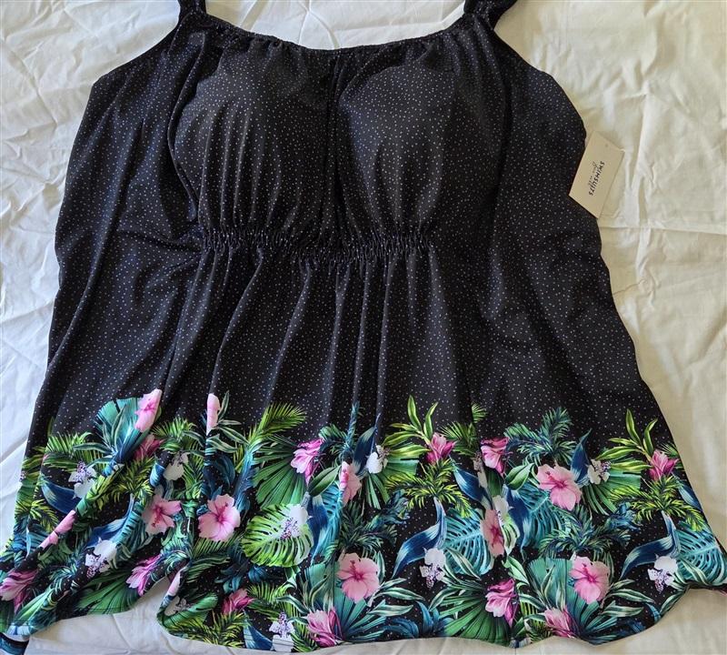 NWT Swimsuits For All 42 Black Polka Dot Tropical Tankini Swimsuit 129722