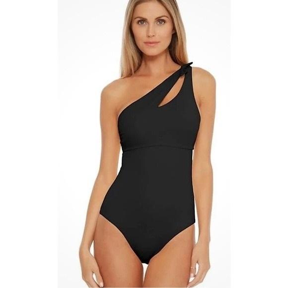 NWT Becca Virtue M 1 Shoulder Asymmetrical Black 1pc Swimsuit 129763