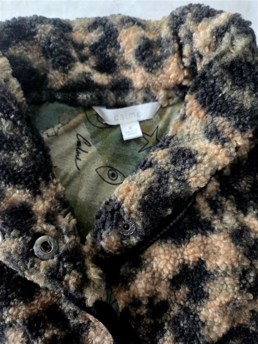NWOT Calme S Leopard Camo Printed Faux Sherpa Fleece Jacket #129769