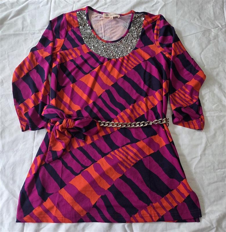 NWOT Jorge Perez M Mod Sequin Tunic w/ Chain Belt Purple Orange #129776