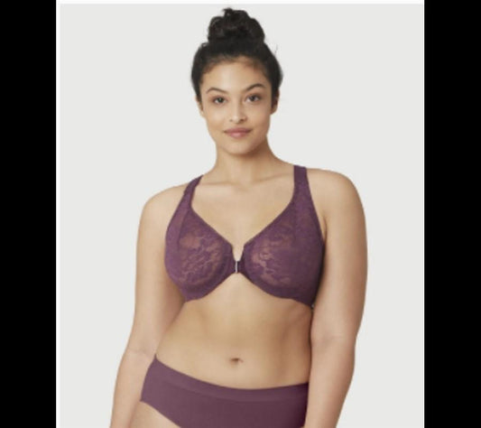 NEW Glamorise 46C Lacey T-Back Front-Close WonderWire 9246 Bra Purple #129785