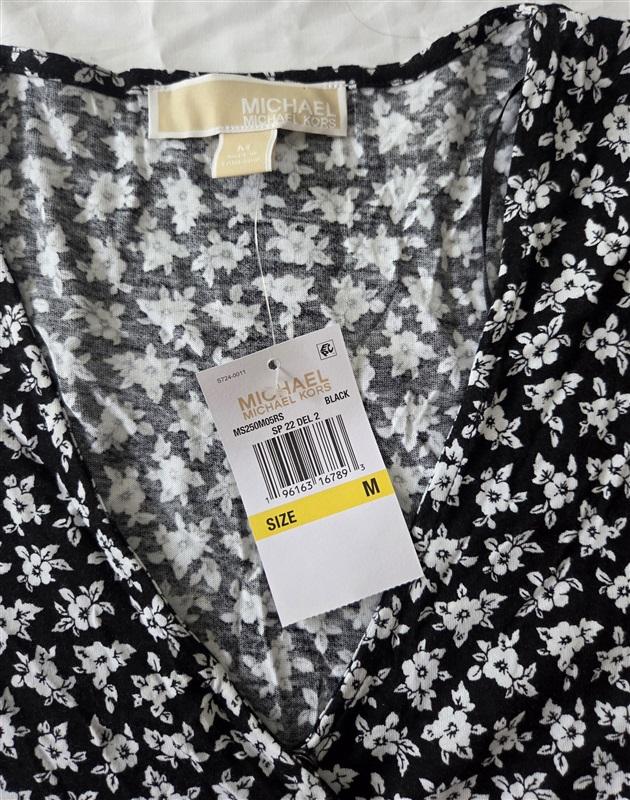 NWT Michael Kors M Wrap Blouse Black White Floral 129806