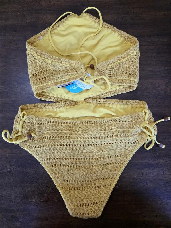 NWT Wet LA S MonoKini 1PC High Neck Crochet Swimsuit Saffron Yellow 129829