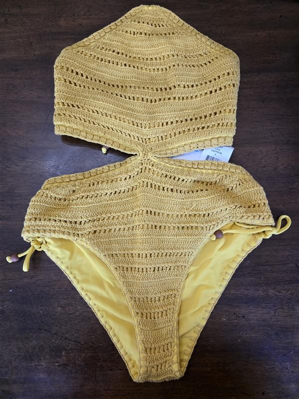 NWT Wet LA S MonoKini 1PC High Neck Crochet Swimsuit Saffron Yellow 129829