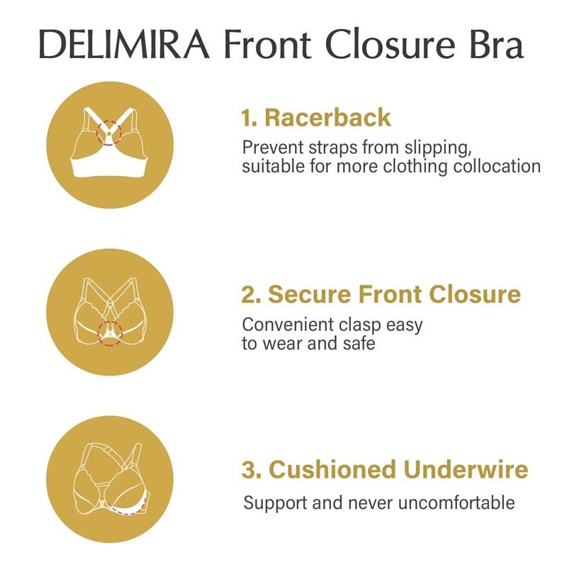 NWT DELIMIRA 38C Front Closure Full Coverage Lace Underwire Racerback Bra 129915
