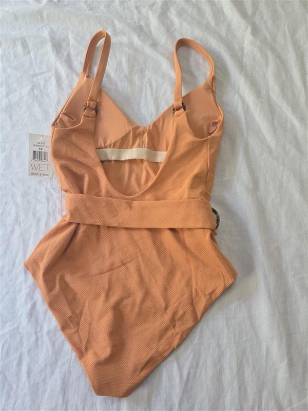 NWT Wet LA XS Belted Terracotta 1PC Deep V Swimsuit Soft Orange129938