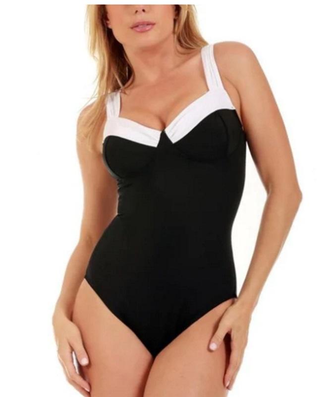 NWOT Instant Figure 6 CONTRAST TRIM Tuxedo 1 Pc SWIMSUIT 13496P Black 129987