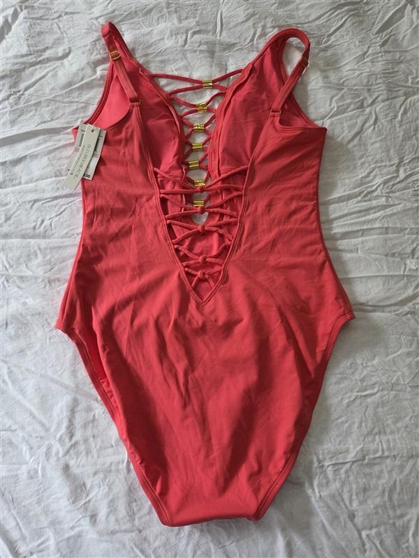 NWT Bleu by Rod Beattie 8 Lace-Up Plunging 1PC Swimsuit Watermelon Pink 129990