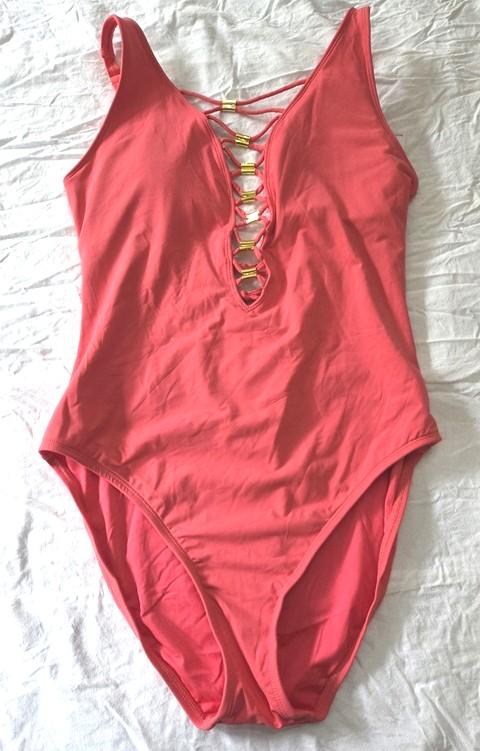 NWT Bleu by Rod Beattie 8 Lace-Up Plunging 1PC Swimsuit Watermelon Pink 129990