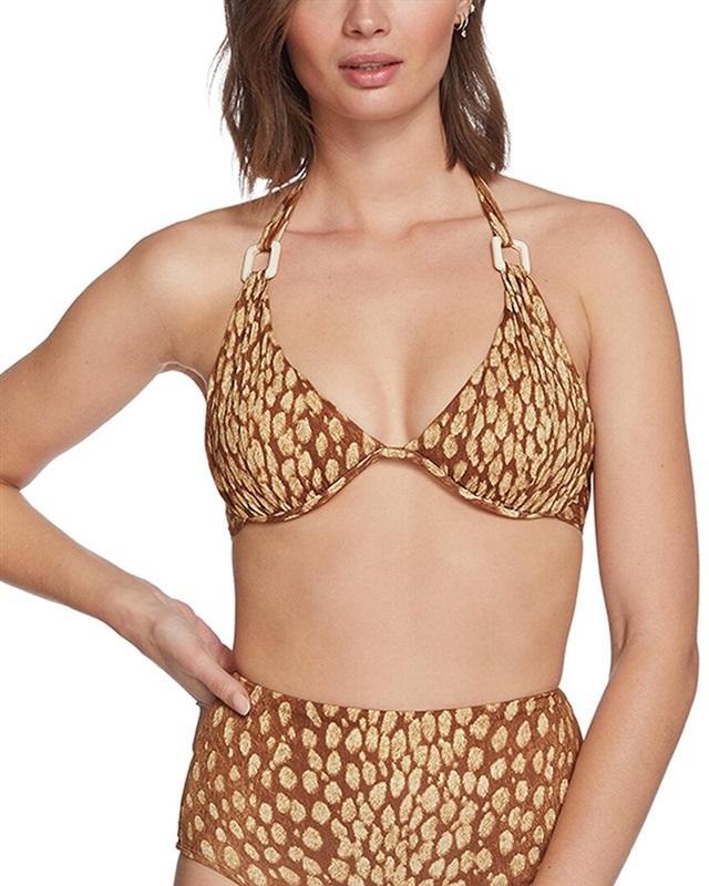 NWOT Robin Piccone L Bambi Underwire Halter Bikini Swim Top Brown 130010